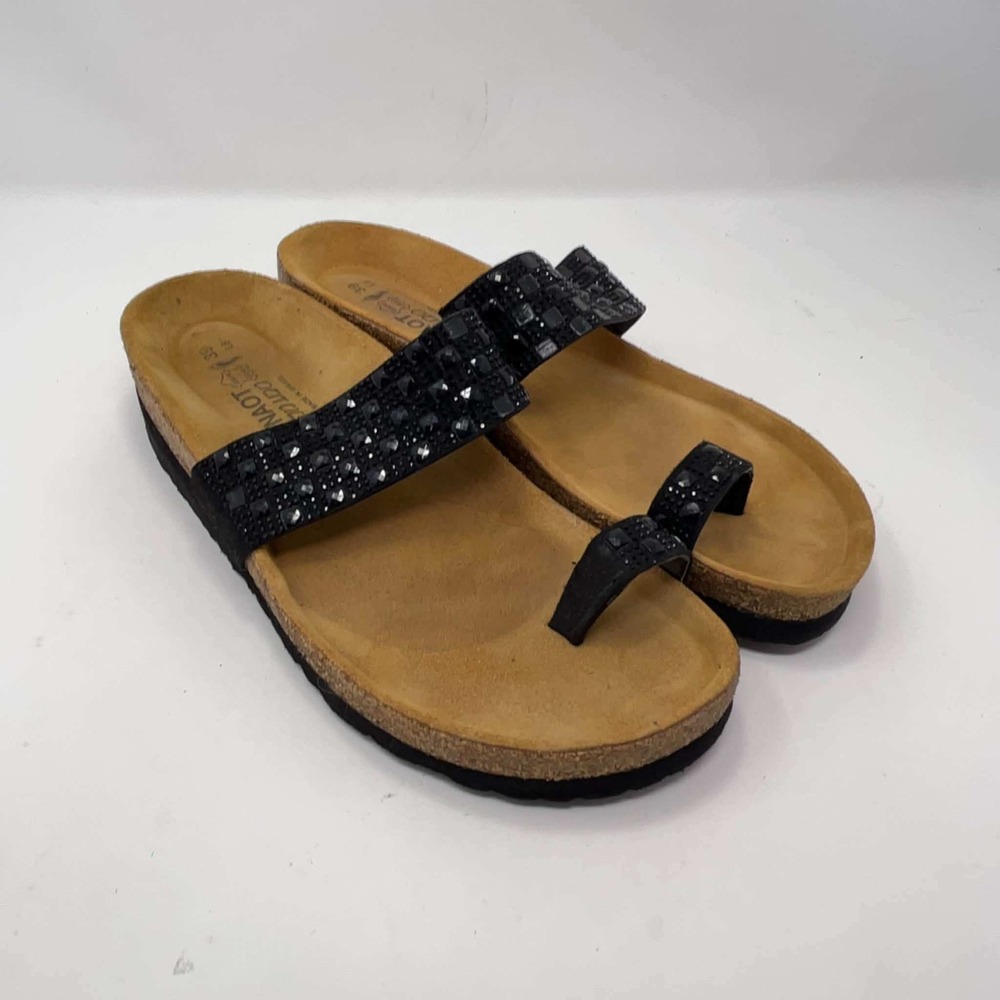 Naot Nevada Black Leather Rhinestone Toe Loop Slide Sandals Womens EU 39 US 8